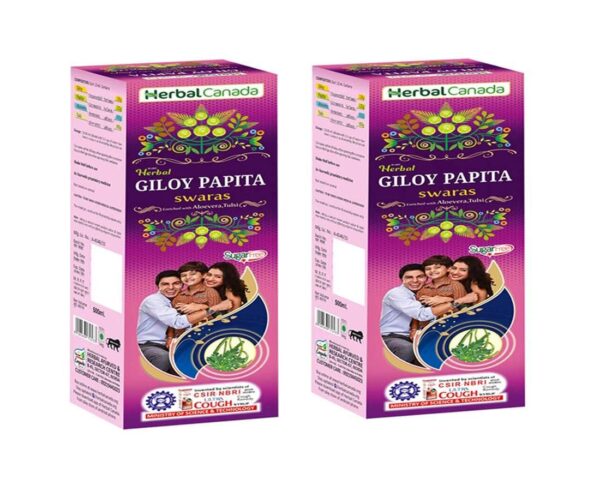 Herbal Canada Giloy papita Swaras 500 ml | Enriched with aloevera,tulsi -(pack of 2)- Boosts immunity,cough & cold,sneezing, fever,infection,Highly beneficial for high blood pressure patients - Fast Shipping to USA