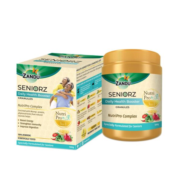 Zandu Seniorz Daily Health Booster Drink, 500G, Helps Boost Energy, Strengthen Immunity & Improve Digestion| 100% Ayurvedic & Natural Health Drink, Enriched with Moong Protein - Fast Shipping to USA & Canada