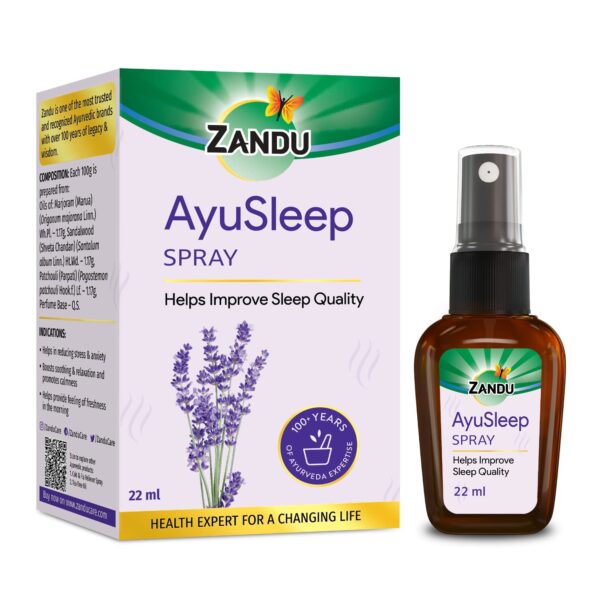 Zandu AyuSleep Spray (22ml): 100% Ayurvedic | Remedy for Sleep disturbances, Stress & Anxiety (Spray Bottle) | Goodness of Lavender, Sandalwood, Marjoram | 100% Natural and Safe Ingredients - Fast Shipping to USA