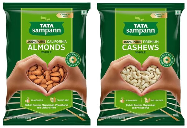 Tata Sampann Pure California Almonds Whole & Dry Fruits | 500g & Tata Sampann Pure Cashews Whole| 500g - Fast Shipping to USA & Canada