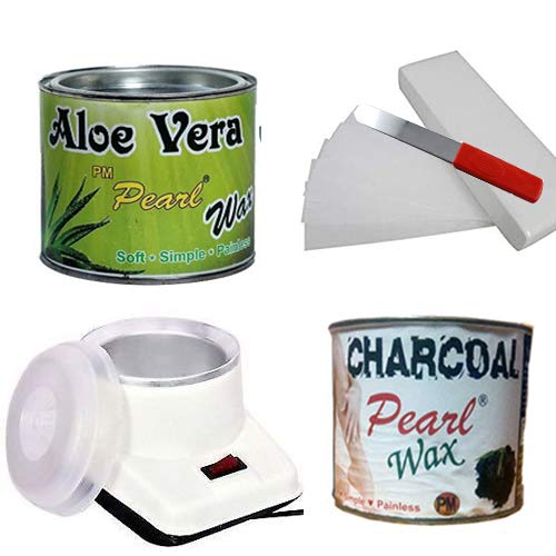 PMPEARL Waxing Kit Combo (Wax Heater + Aloe Wax (600 gm) + Charcoal Wax (600 gm) + Wax Strips (30) + Wax Spatula) - Fast Shipping to USA & Canada
