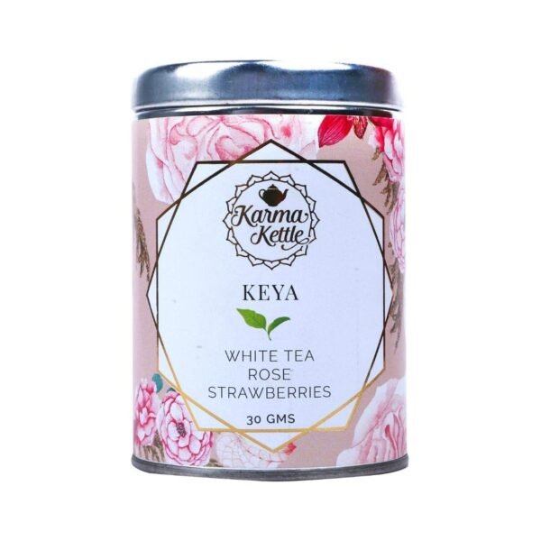 Karma Kettle Keya White Tea with Rose Petals, Strawberry Fruit Freezed Dried Bits, Cinnamon Bits, Fennel Bits, White Tea(Silver Tips) - 30gms Loose Leaf Tin, 30 g - Fast Shipping to USA & Canada