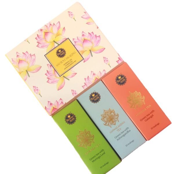 Karma Kettle Ancient Healing Collection Gift Box with Chakra Tea, Moringa Tea, Ashwagandha Tea - 30 Pyramid Teabags, 60 g - Fast Shipping to USA & Canada