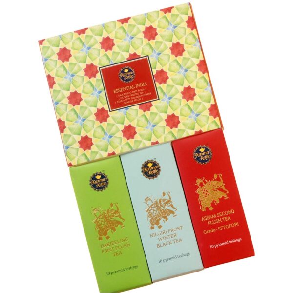 Karma Kettle Essential India Gift Box with Assam Second Flush Tea, Darjeeling First Flush Tea, Nilgiri Winter Frost Black Tea - 30 Pyramid Teabag, 60 g - Fast Shipping to USA & Canada