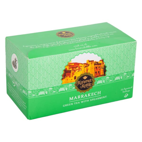 Karma Kettle Marrakech Authentic Moroccan Green Tea, Low Caffeine, High Antioxidants, with Spearmint - 25 Pyramid Teabags, 50 g - Fast Shipping to USA & Canada