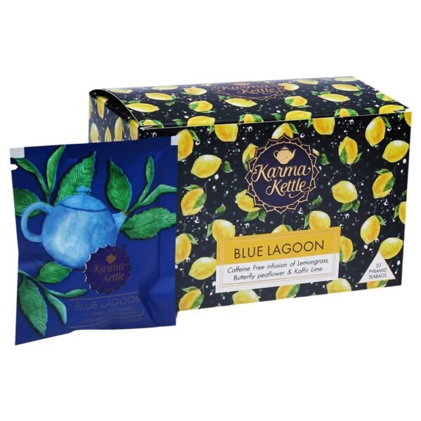 Karma Kettle Blue Lagoon - Lemongrass Tea with Lime, Refreshing Tea, Summer Tea, Butterfly Pea Flower, Citrus and Zesty Iced Brew - 20 Silken Pyramid Teabags, 40 gm - Fast Shipping to USA & Canada