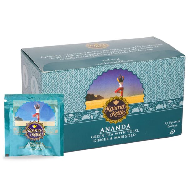 Karma Kettle Ananda-Green Tea with Tulsi, Ginger & Marigold, Loaded with Anti Oxidants, 100% Pure, Natural Detox, Tulsi or Holy Basil, Ginger or Super Root, 25 Pyramid Teabags, 50 g - Fast Shipping to USA & Canada