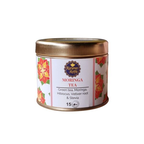 Karma Kettle Moringa Green Tea with Moringa Leaf, Hibiscus Flower, Vetiver Root & Stevia Leaf (15 Pyramid Teabags), 30 g - Fast Shipping to USA & Canada