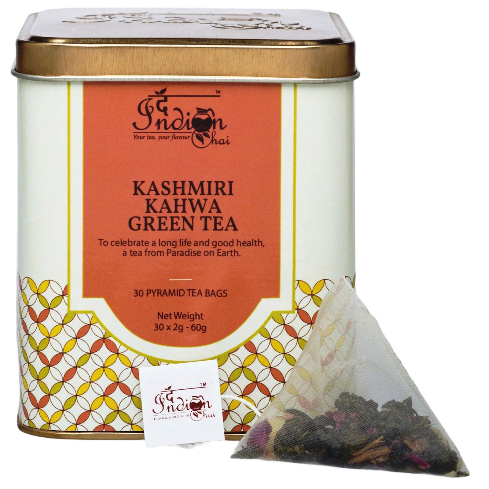 Version 1.0.0 The Indian Chai - Kashmiri Kahwa Green Tea 30 Pyramid Bags, Whole Leaves Green Tea with Almonds, Cardamom, Clove, Cinnamon, Ginger, Rose Petal and Saffron - Fast Shipping to USA & Canada - Image 1