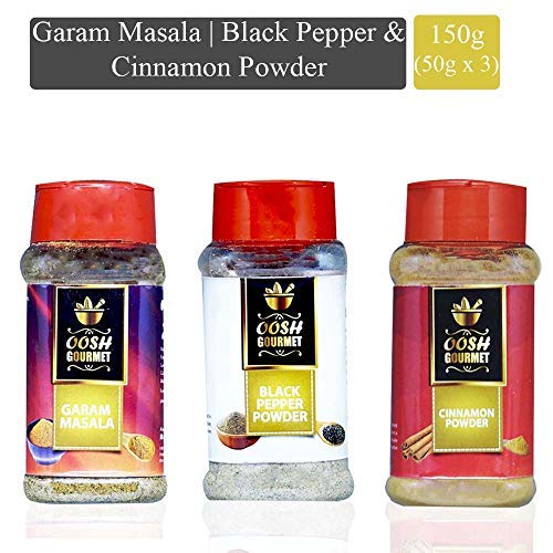 OOSH Gourmet's Combo of Black Pepper Powder 50g , Cinnamon Powder 50g & Garam Masala 50g | Sieve Jar Packaging | Cooking Essential - Fast Shipping to USA & Canada
