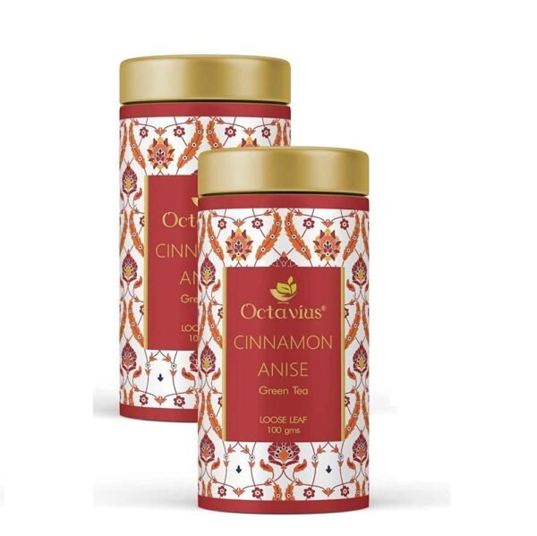 Octavius Cinnamon Anise Green Tea Tin Can - 100 Gms (50 Cups) Natural Cinnamon & Star Anise | Promotes Weight Loss & Improves Immunity | Packed in Decorative Tin Box - (Pack of 2) - Fast Shipping to USA & Canada