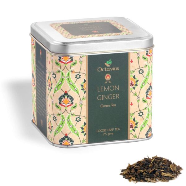 Octavius Lemon & Ginger Classic Loose Leaf Green Tea |With Natural Ginger & Lemon Peel High Anti-Oxidants |Low Caffeine | Immunity Boosting Tea| Packed in Premium Tin Box | 75 gms (35 Cups) - Fast Shipping to USA & Canada