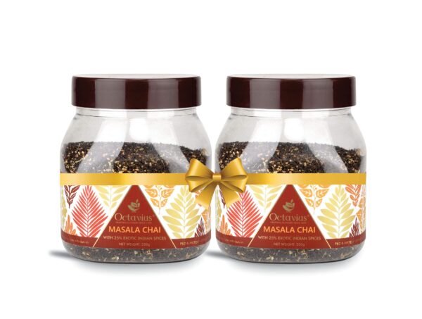 Octavius|Masala Chai -250 Gm Jar (Pack Of 2)|100% Natural Spices|Black Tea|Kadak Chai Patti|Premium & Refreshing Spiced Tea|Masala Chai Patti|Ayurvedic Herbs|Vedic Tea -(2 X 250 Gm Jar) - Loose Leaves - Fast Shipping to USA & Canada
