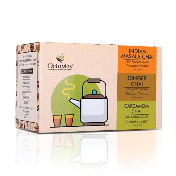 Octavius | NO ADDED SUGAR Assorted 3 in 1 Premix Tea - 15 Pouches | Readymade Tea Mix | Low Sugar | Ready Tea | Premix Tea Powder | Instant Tea | Tea Premix (8 Gm X 15 Sachets) - Fast Shipping to USA & Canada