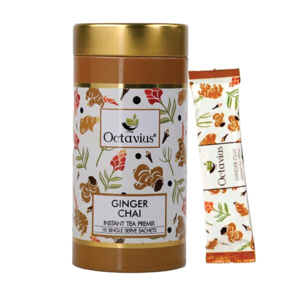 Octavius Ginger/Adrak Chai Premix Tea | On the Go Instant Premix Tea |Ready to use Milk Tea| Ready Tea | 1 Min Tea|Instant Tea| Adrak Wali Chai | Flavour Tea | Tin Pack -10 Sachets (15G X 10 Sachets) - Fast Shipping to USA & Canada
