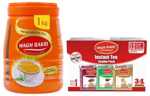 Wagh Bakri Premium Leaf Tea Jar, 1kg & Wagh Bakri Instant Tea Premix Combo, 168g - Fast Shipping to USA & Canada