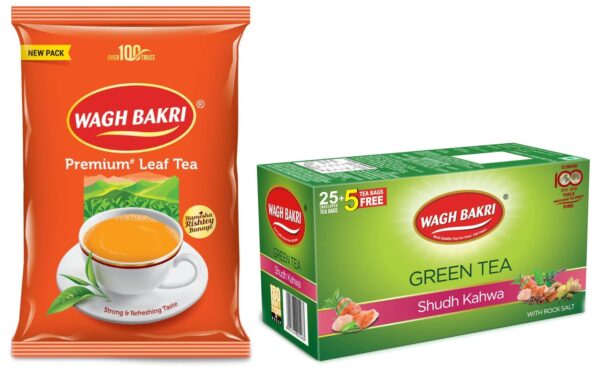 Wagh Bakri Leaf Tea Poly Pack, 500g & Wagh Bakri Green Tea Shudh Kahwa Tea Bag, 25 Tea Bag*2.5g, 62.5g - Fast Shipping to USA & Canada