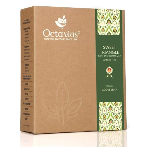 Octavius | Tulsi Rose Chamomile (Sweet Triangle) -100 Gm | 100% Natural | Caffeine Free - Herbal Tea | Loose Leaf Tulsi, Rose Petals, Chamomile Buds | Antioxident-Rich | Stress Relief | 100 Gm Box - Fast Shipping to USA & Canada