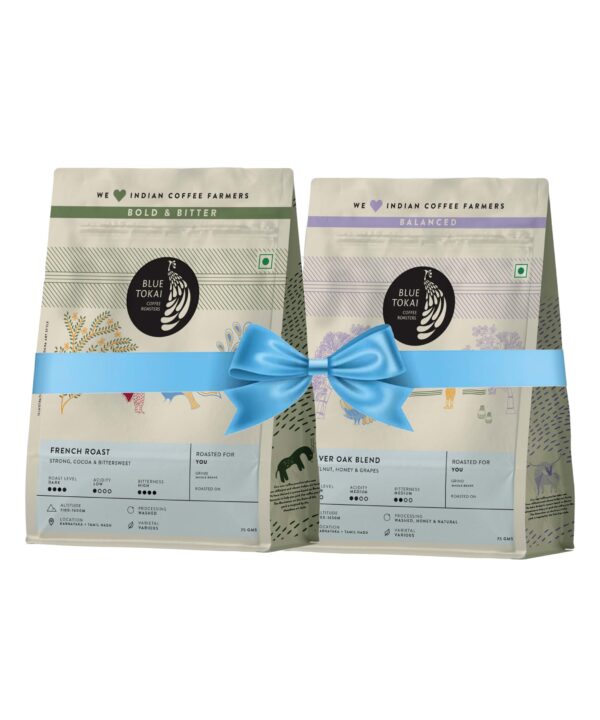 Blue Tokai Coffee Roasters Sampler Pack French Roast-Dark Roast & Silver Oak Caf? Blend - Medium Roast | Whole Bean | 100% Arabica Ground Coffee (75gm each, Pack of 2) - Fast Shipping to USA & Canada