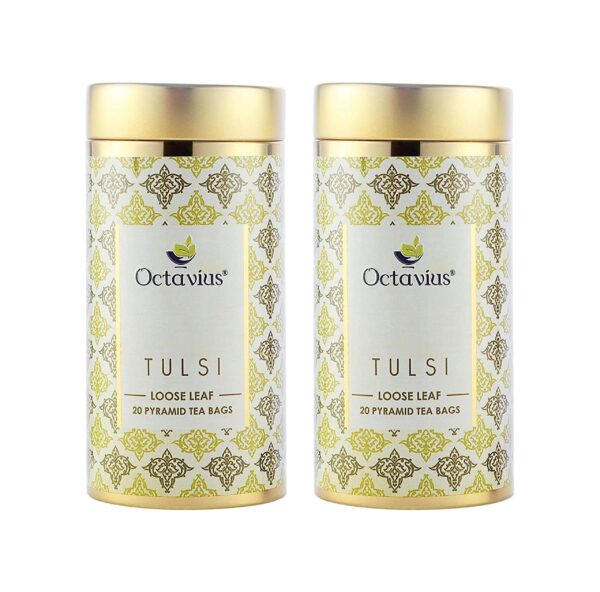 Octavius Tulsi Whole Leaf Green Tea | Immunity Booster |Natural Remedy for Cold and Cough |Loaded with Antioxidants |Packed in Decorative Tin Can | 20 Pyramid Tea Bags (Pack of 2) - Fast Shipping to USA & Canada