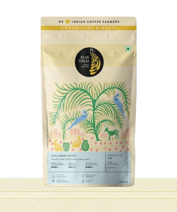 Blue Tokai Coffee Roasters Kolli Berri Estate - Medium Dark Roast (French Press Grind) 250g | Made With 100% Specialty Grade Arabica Freshly Roasted Ground Coffee, Bag - Fast Shipping to USA & Canada