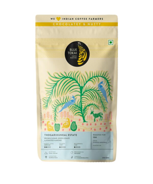 Blue Tokai Coffee Roasters Thogarihunkal Estate Washed - Medium Roast (Inverted Aeropress Grind) 250g | Made With 100% Specialty Grade Arabica Freshly Roasted Ground Coffee, Bag - Fast Shipping to USA & Canada