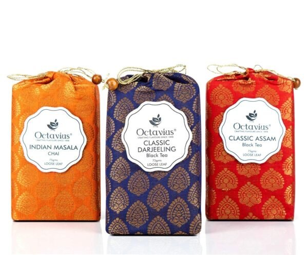 Octavius | Indian Tea Collection in Handcrafted Pouches - 225 Gm | Assorted 3 Black Loose Leaf Teas | Indian Masala, Darjeeling, Assam | Premium Tea Gift | Assorted Tea Gift Box | 3 X 75 Each - Fast Shipping to USA & Canada