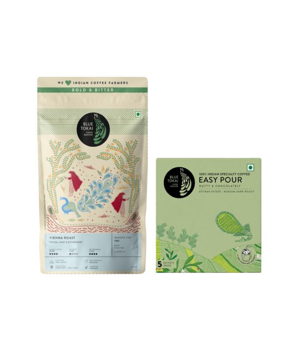 Blue Tokai Coffee Vienna Roast - French Press Grind 250g & Easy Pour Drip Coffee Bags - Attikan Estate (Pack of 5) Combo | 100% Freshly Roasted Arabica Ground Coffee - Fast Shipping to USA & Canada