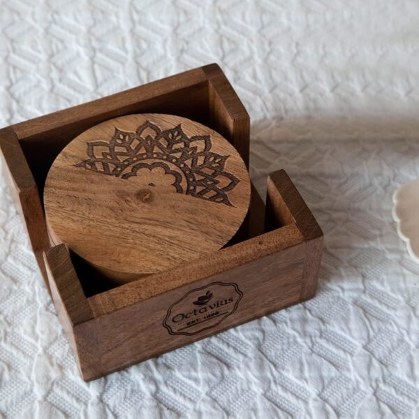 Octavius Natural Wood Handcrafted Tabletop Coasters - Set of 4 with Decorative Wooden Holder| Pure Sheesham Wood Coaster Set | Use for Tea Coffee Cups Mugs Beer Cans Bar Glass | Size - Diameter 10 cm - Fast Shipping to USA & Canada