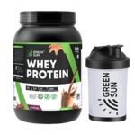 Green Sun Whey Protein Supplement | 1 KG | 25 Gm Protein Per Serving |Chocolate| Sugar Free | Pure Whey | Gold Standard | Digestive Enzymes| Enriched BCAA | Pack of 01 With Shaker - Fast Shipping to USA