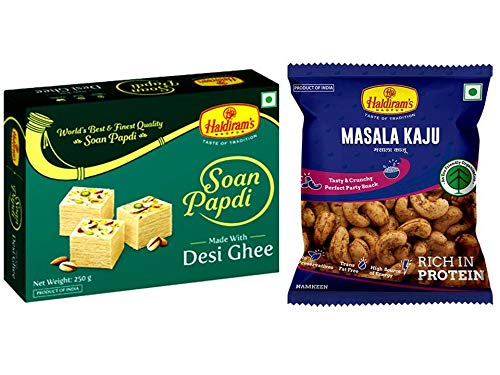 Haldiram's Nagpur Soan Papdi Special Ghee, Pack of 3 X 250 g and Masala Kaju, Pack of 3 X 35 g - Fast Shipping to USA & Canada