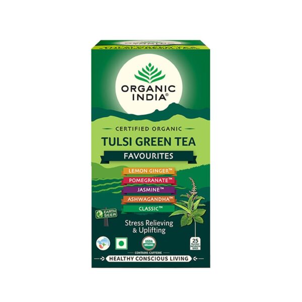ORGANIC INDIA Tulsi Green Tea Favourites Pack 25 Teabags,200 Grams - Fast Shipping to USA & Canada
