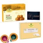 Dhampurgreen Gur Besan Laddu Diwali Sweets Gift Hamper,1 Diya & Greeting Card - Indian Sweets | Mithai | Gift, 900grams - Fast Shipping to USA & Canada - Image 2