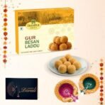 Dhampurgreen Gur Besan Laddu Diwali Sweets Gift Hamper,1 Diya & Greeting Card - Indian Sweets | Mithai | Gift, 900grams - Fast Shipping to USA & Canada - Image 3