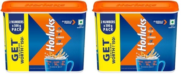 Horlicks Nutrition Drink Container - 1 Kg - Classic Malt - Clinically Proven to make kids Taller, Stronger, Sharper (Pack of 2)