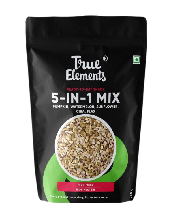 True Elements Mixed Seeds for Eating - 5 in 1 Seeds Mix 250gm | Edible Seeds | Healthy Seed Snacks | 100% Natural and Roasted Seeds | Fibre Rich Seeds | Mix of Pumpkin, Watermelon, Sunflower, Chia & Flax (Pack of 1) | High in Protein - Fast Shipping to USA & Canada