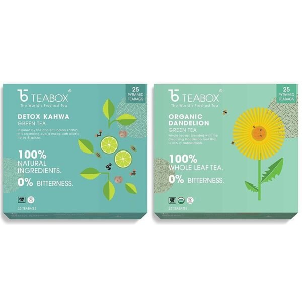 Teabox Detox Kahwa Green Tea 25 Teabags & Teabox Organic Dandelion Green Tea 25 Teabags - Fast Shipping to USA & Canada