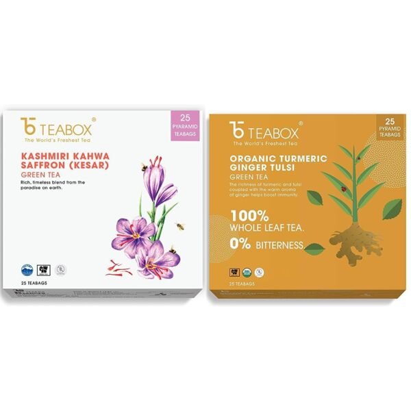 Teabox Fresh Kashmiri Kahwa Saffron (Kesar) Green Tea Bags 25 Pieces & Teabox Organic Turmeric Ginger Tulsi Green Tea 25 Teabags - Fast Shipping to USA & Canada