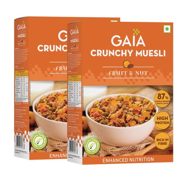 GAIA Crunchy Muesli Fruit and Nut, High Fiber, Source of Protein,Source of Iron,No Trans Fat,Zero Cholesterol,Ideal Breakfast Choice 400 gm (Pack of 2) - Fast Shipping to USA & Canada