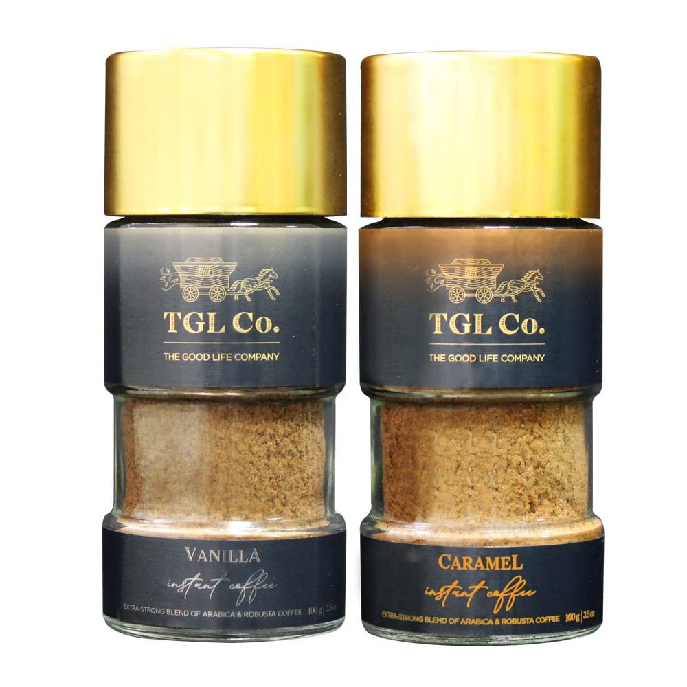 Version 1.0.0 TGL Co. The Good Life Company Vanilla + Caramel Flavoured Coffee (100 Gram), Ground, Bottle - Fast Shipping to USA & Canada - Image 1