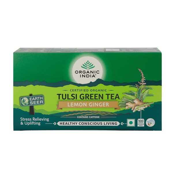 Organic India Tulsi Green Tea Lemon Ginger 100 Teabags - Fast Shipping to USA & Canada