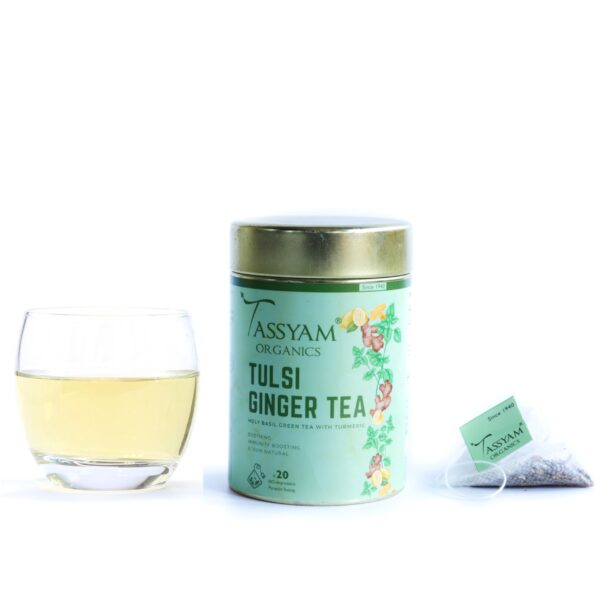 Tassyam Organics Teawery Tulsi Ginger 20 Biodegradable Tea Bags | Basil Turmeric Ginger Green Tea Blend, Plant Based Fabric Pyramid Teabags