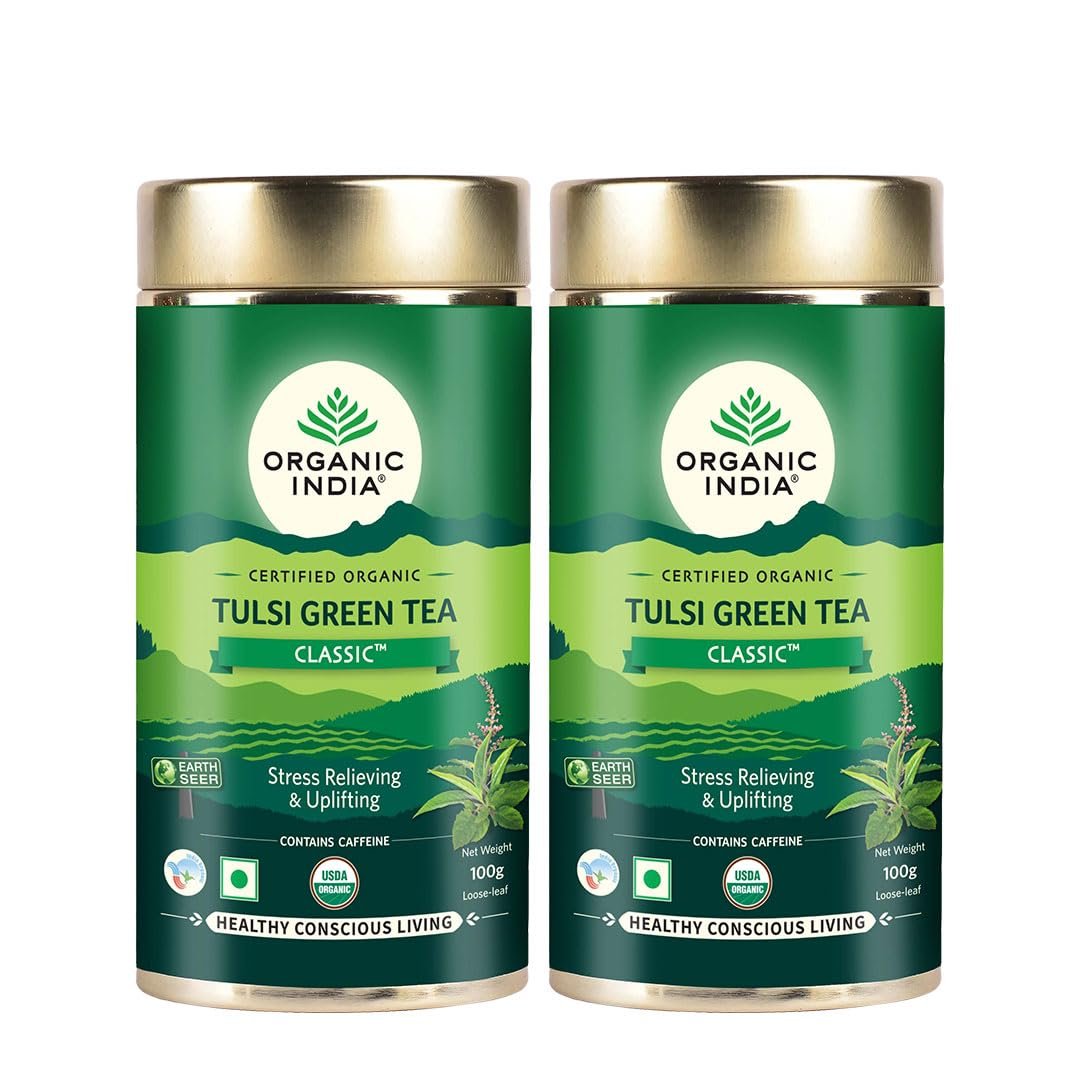 Version 1.0.0 ORGANIC INDIA Tulsi Green Tea Classic Tin (100gm) - Pack of 2 - Fast Shipping to USA & Canada - Image 1