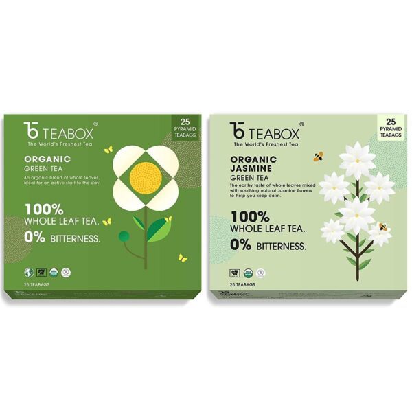 Teabox Organic Darjeeling Green Tea 25 Teabags & Teabox Organic Jasmine Green Tea 25 Teabags | Sourced From Madurai | For Calm Mind and Relaxation - Fast Shipping to USA & Canada