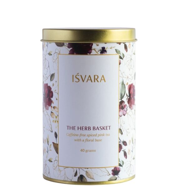 ISVARA Herbal Tea - The Herb Basket, Caffeine Free Rose Hibiscus Lavender Floral Tea with Cloves Cardamom & Orange Peel, Caffeine-free spiced floral tea 40gm