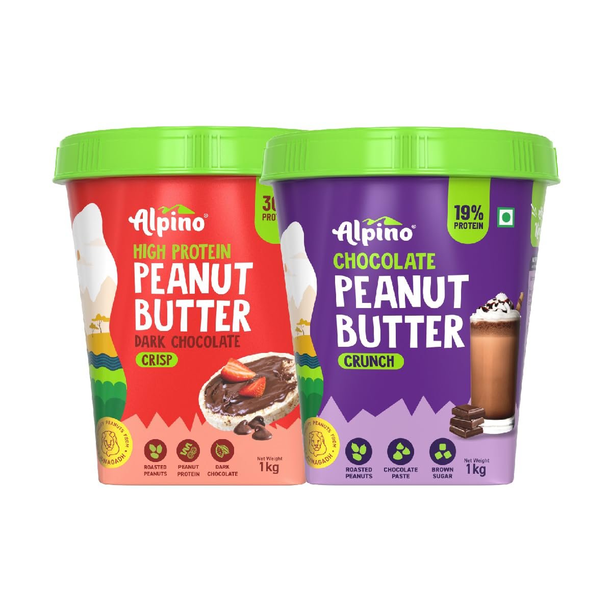 Version 1.0.0 ALPINO High Protein Chocolate Peanut Butter Crisp And Chocolate Peanut Butter Crunch Roasted Peanuts, Chocolate Paste, Plant Protein Brown Sugar & Sea Salt - 30g Protein, Gluten Free ? Plant Based - 1kg,( Pack of 2) - Fast Shipping to USA - Image 1