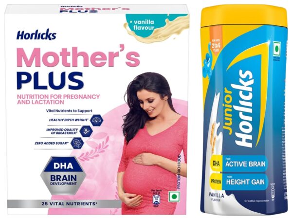 Horlicks Mother's Plus Vanilla 200g Refill, Protein Powder for Pregnancy, Breastfeeding with DHA for Brain Development & Horlicks Junior Nutrition Drink 500G, Vanilla, - Fast Shipping to USA & Canada