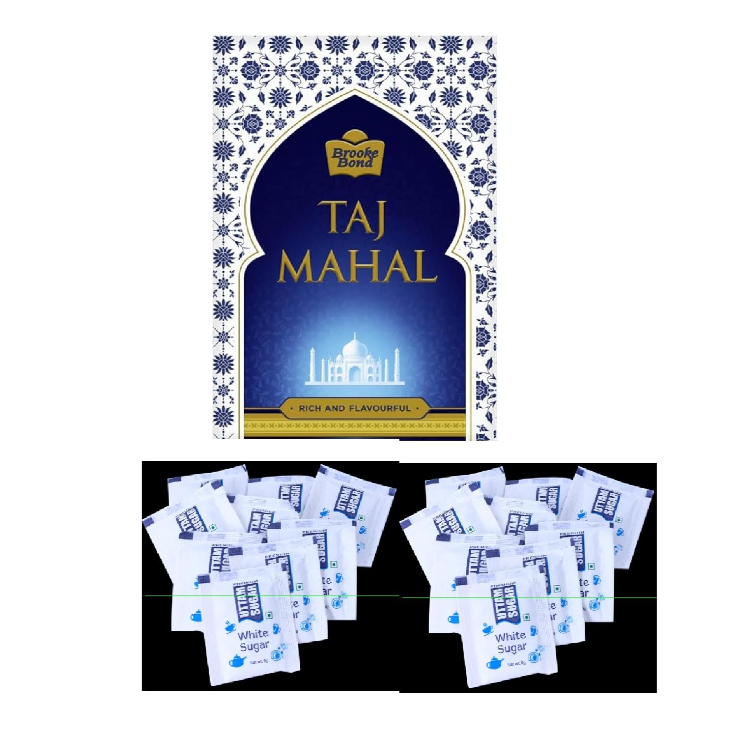 Version 1.0.0 Taj Mahal Tea 250 Gram, Rich and Flavourful Chai - Premium Blend of Powdered Fresh Loose Tea Leaves + Premium Sugar Sachets Pack Of 72 - Fast Shipping to USA & Canada - Image 1