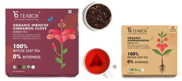 Teabox Organic Hibiscus Cinnamon Clove Green Tea Bags 50 pcs & Teabox Organic Ashwagandha Green Tea 25 Teabags - Fast Shipping to USA & Canada