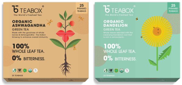 Teabox Organic Ashwagandha Green Tea 25 Teabags & Teabox Organic Dandelion Green Tea 25 Teabags